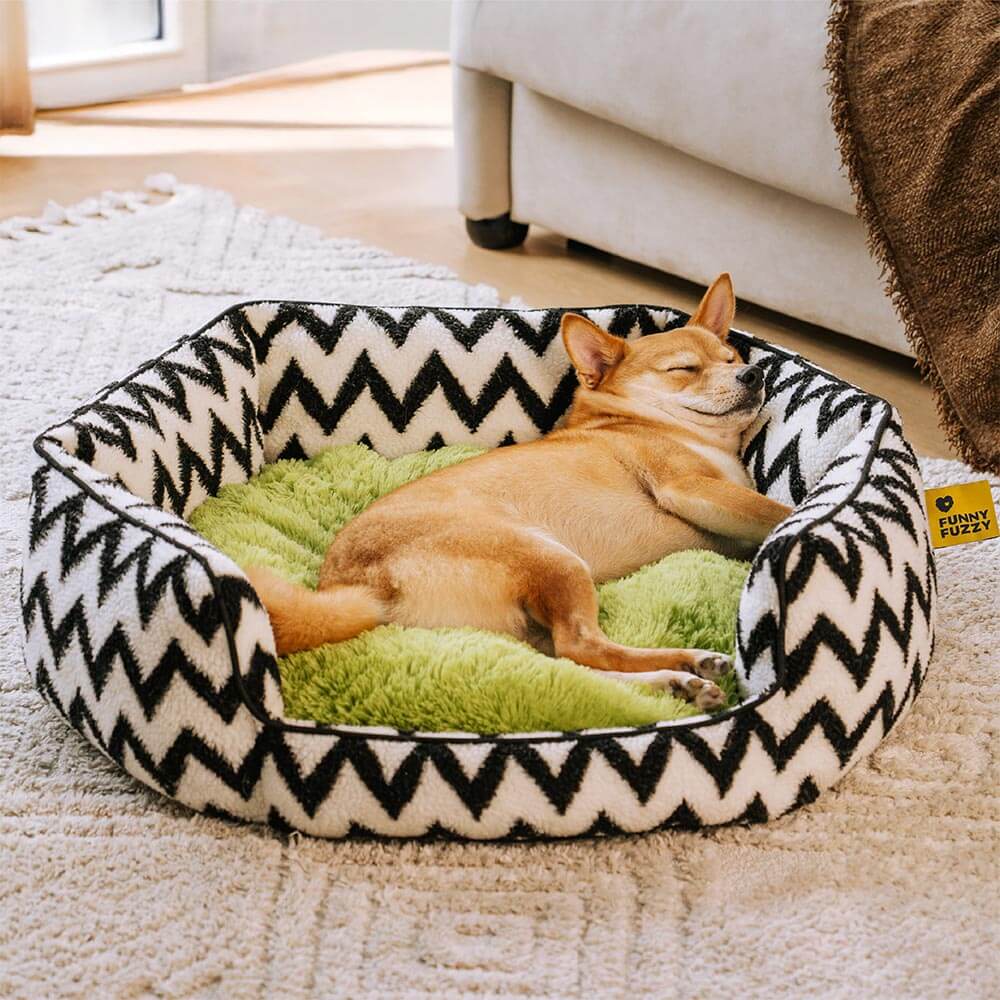 Chevron dog bed with removable cover and faux lambswool fabric for small dogs