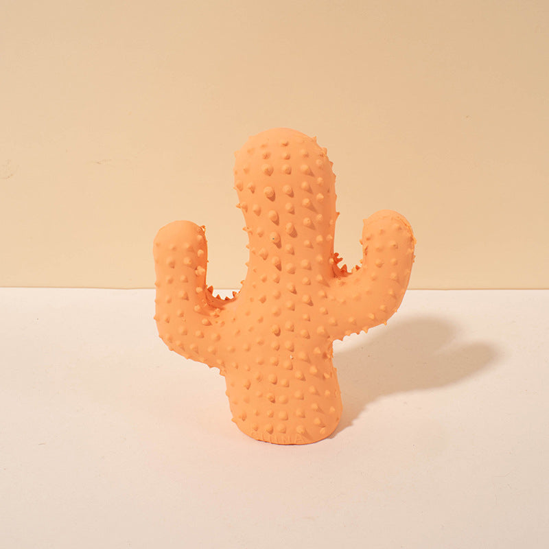Close-up of colorful cactus-shaped squeaky dog toy with squeaker inside