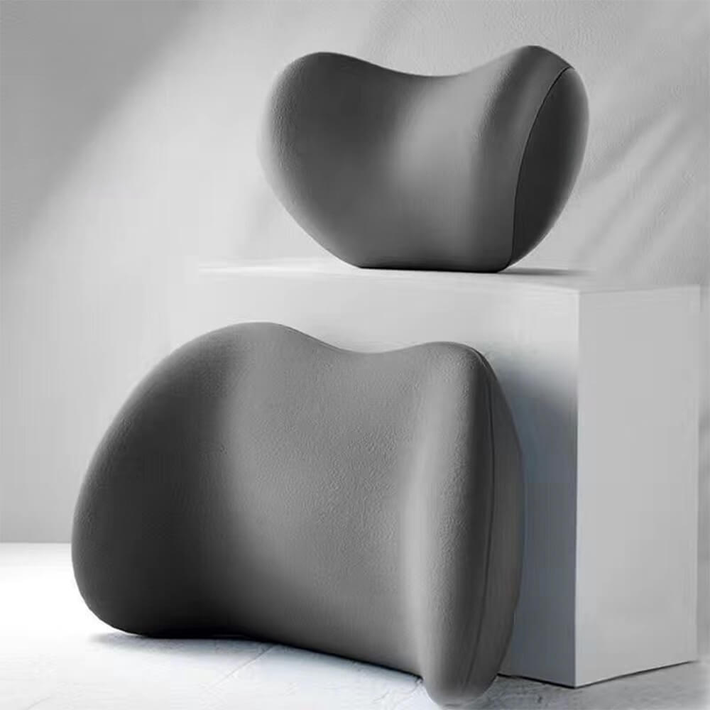 UltraComfort Memory Foam Car Pillow Set in use on a car seat, showing neck and lumbar support