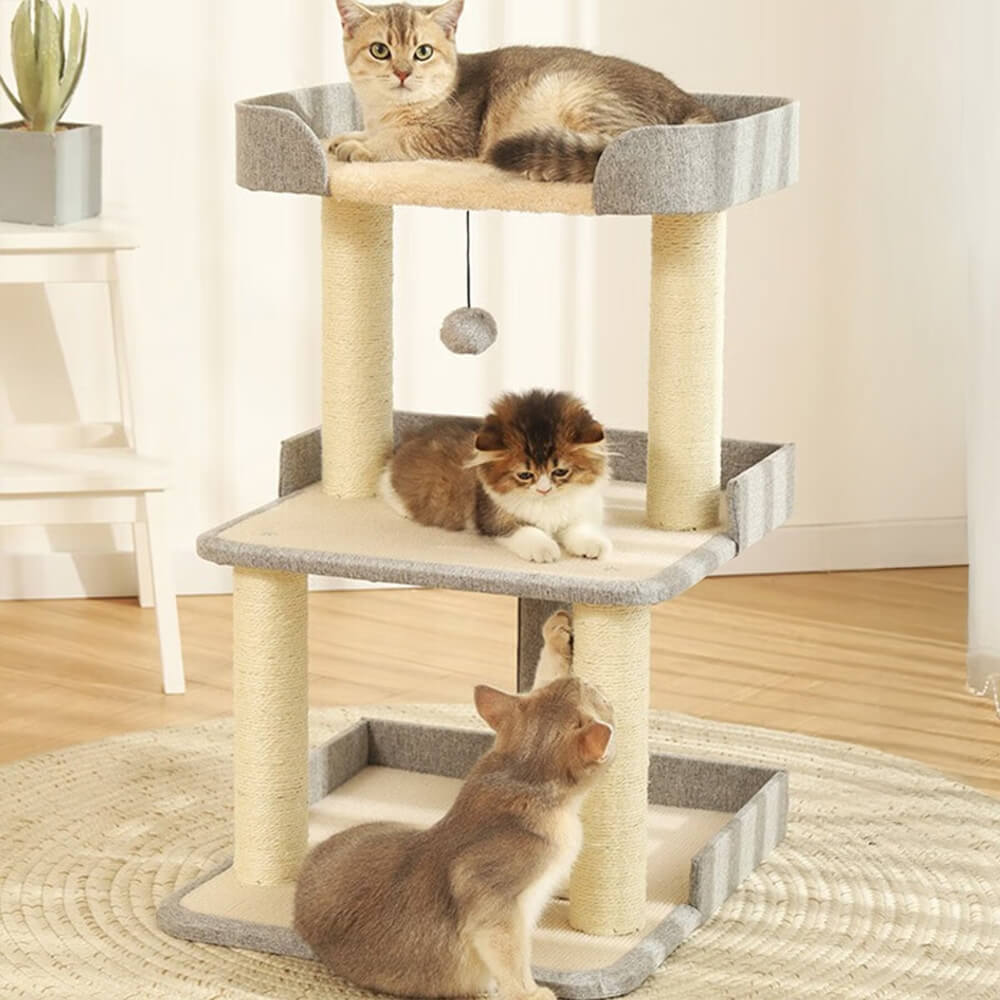 A sleek, three-level step-style minimalist cat tree with natural sisal posts against a light, modern interior.