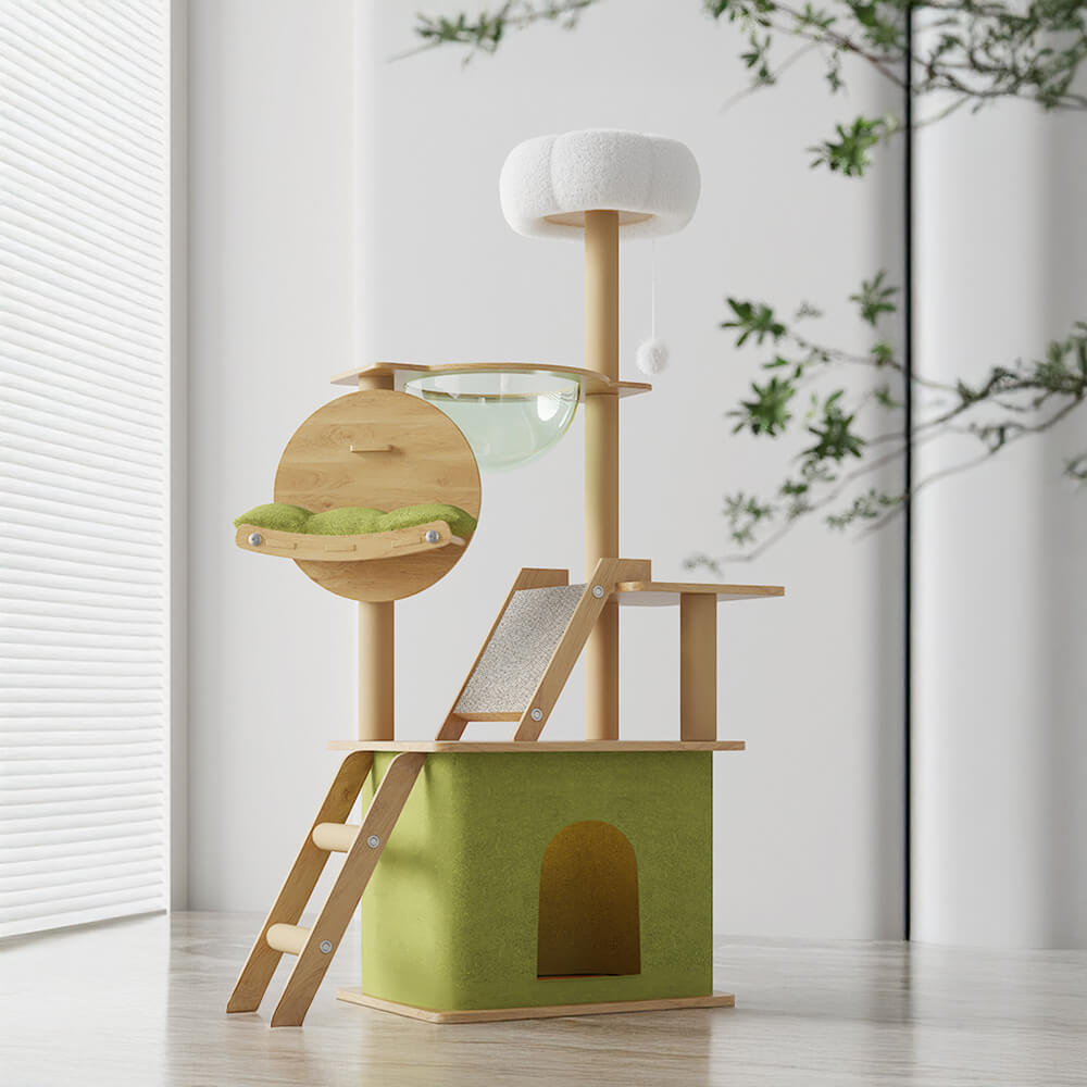 Close-up of the solid wood structure with capsule bed and climbing ladder