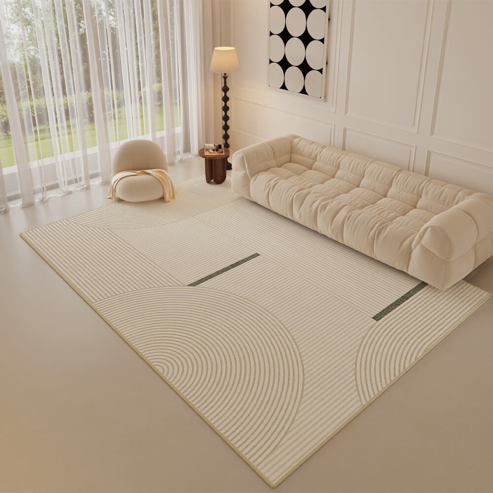 Overhead view of a ZenithStriped modern rug in a minimalist living room with a cream sofa and subtle lighting, highlighting the striped pattern.