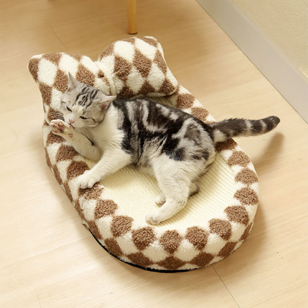 Close-up of the stylish checkerboard sisal cat bed with scratching surface