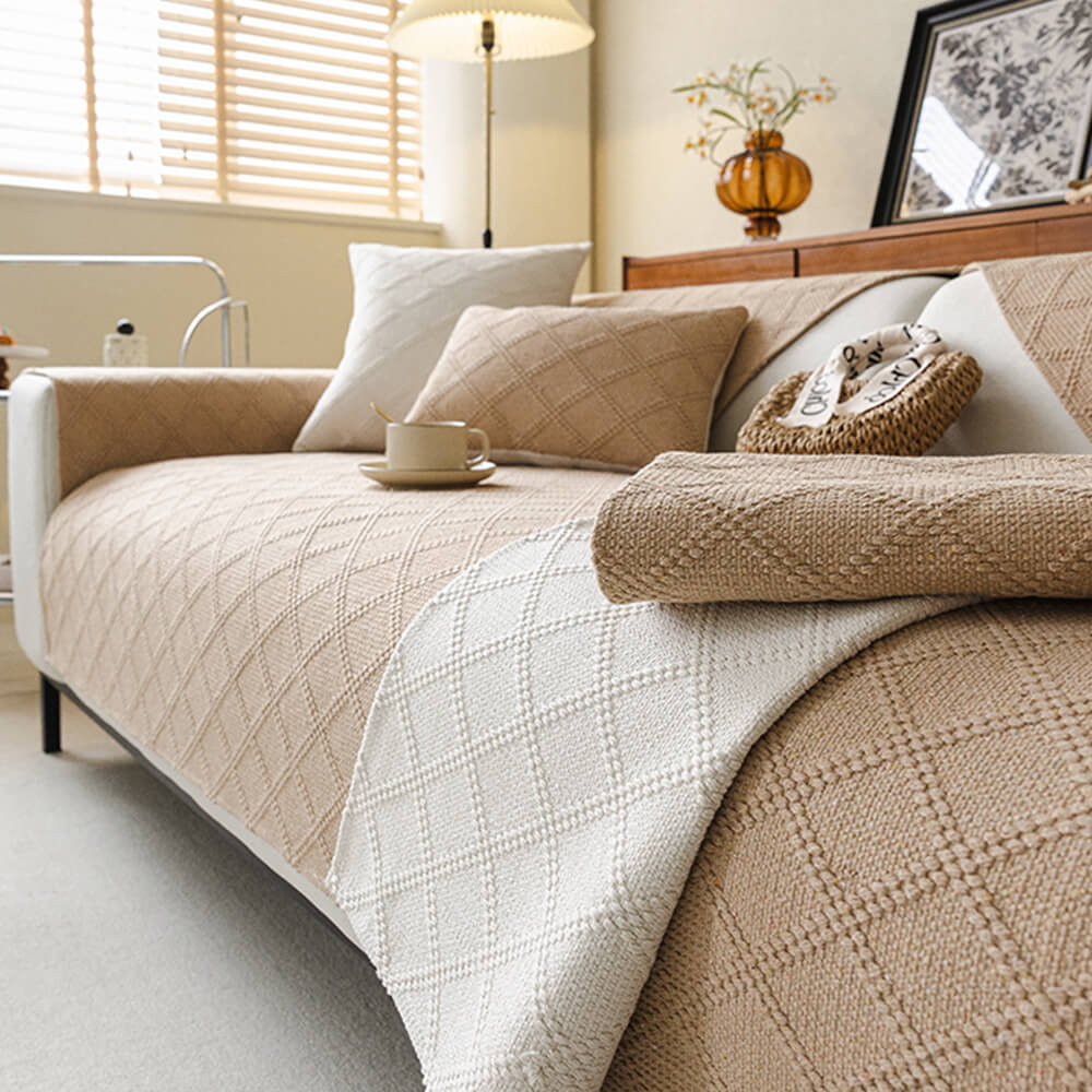 Close-up of diamond weave pattern on reversible cotton linen couch cover