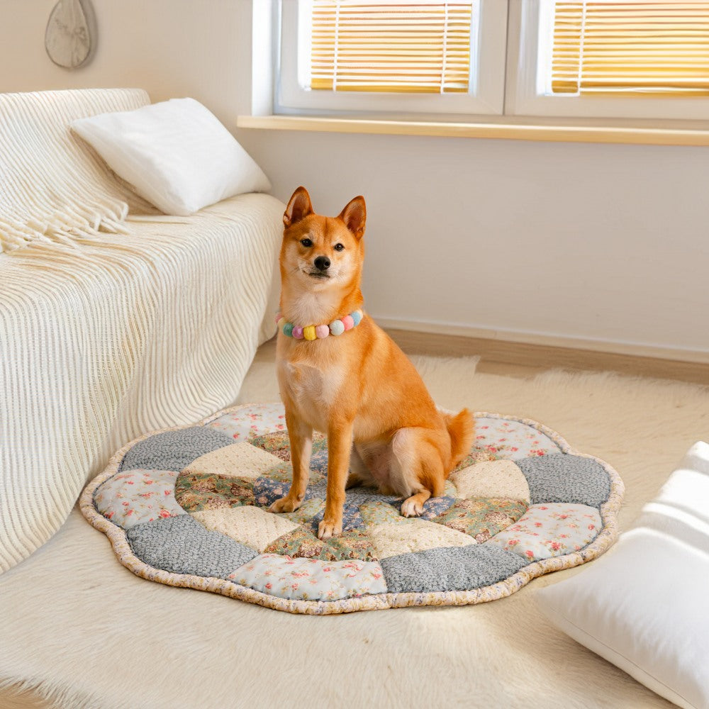 Large floral pet mat in a cozy living room setting