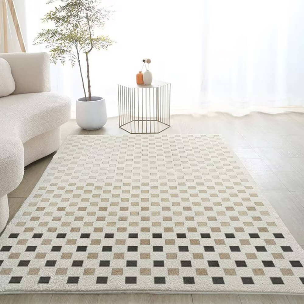 Close-up of the chic plaid faux cashmere rug, showcasing its soft texture and elegant design.