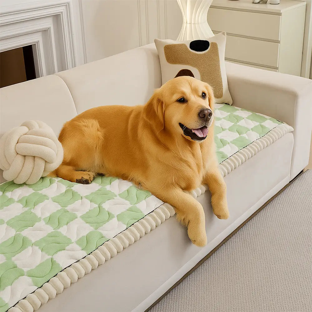 Checkered velvet sofa pad on a modern couch, showcasing its stylish design and anti-slip backing.