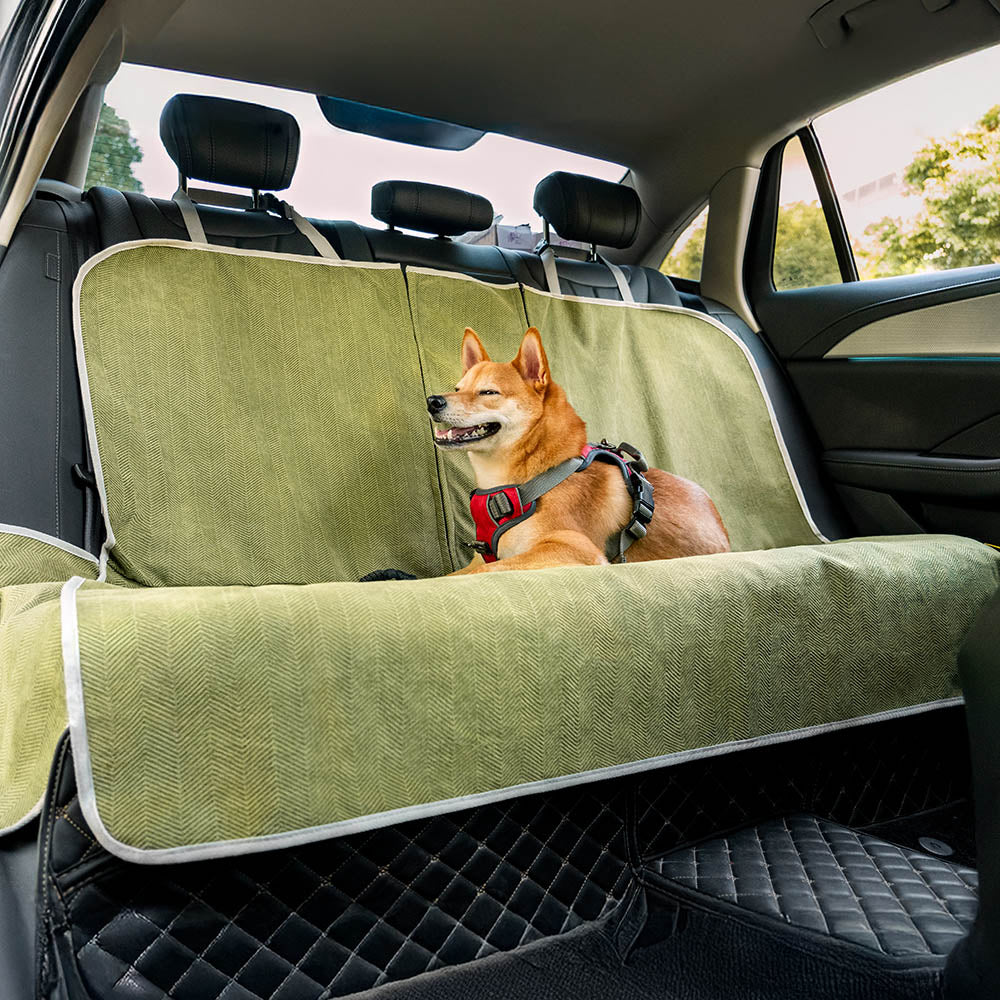 Close-up of chenille waterproof seat protector installed on SUV front seat