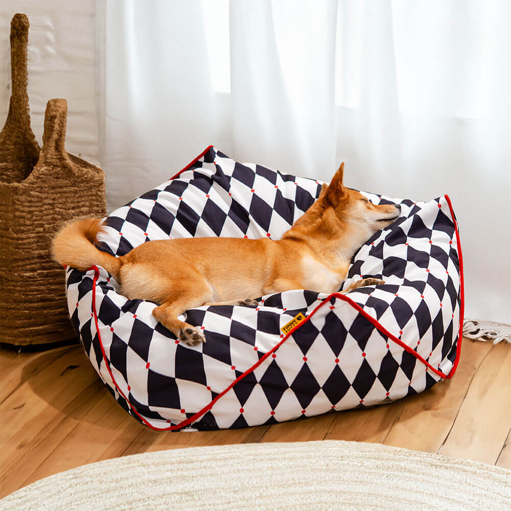 Top angle of polygonal dog bed showcasing geometric shape and plush fabric