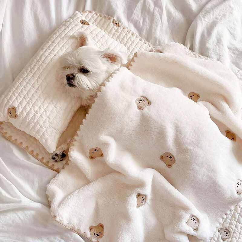 Cozy embroidered cotton pet bed set with pillow and blanket for dogs and cats