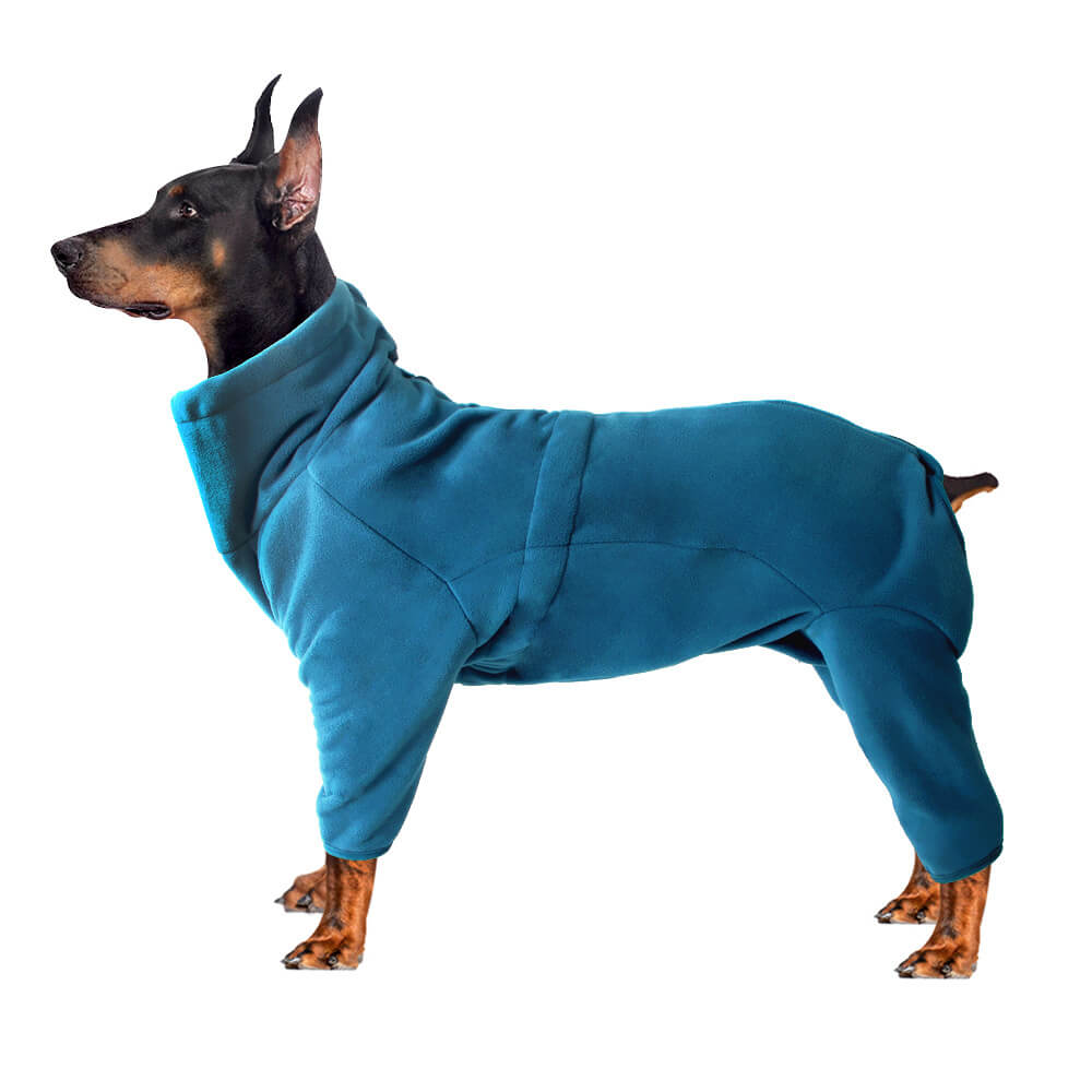 Dog wearing a snug fleece dog suit during a snowy walk