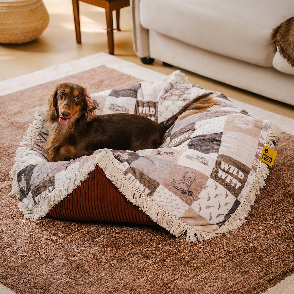 Close-up of the boho tartan pattern on the washable dog bed
