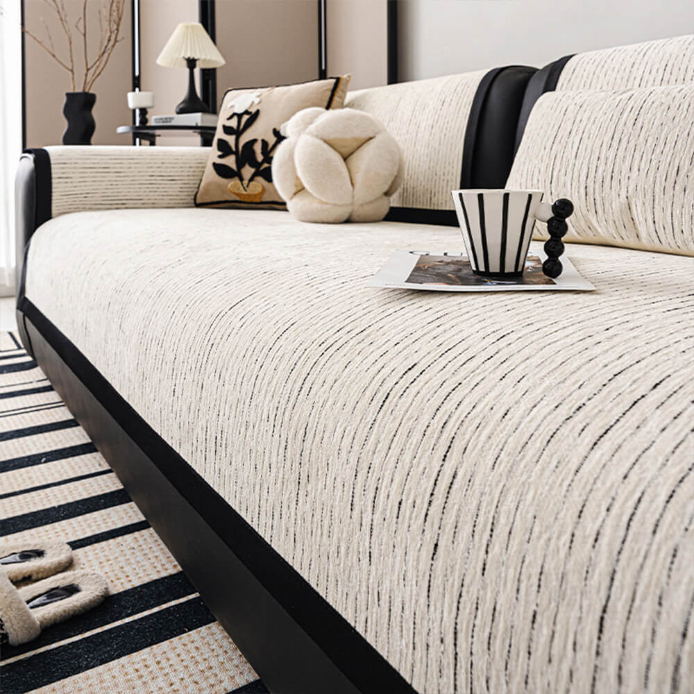 Modern French Striped Chenille Couch Cover on a sofa