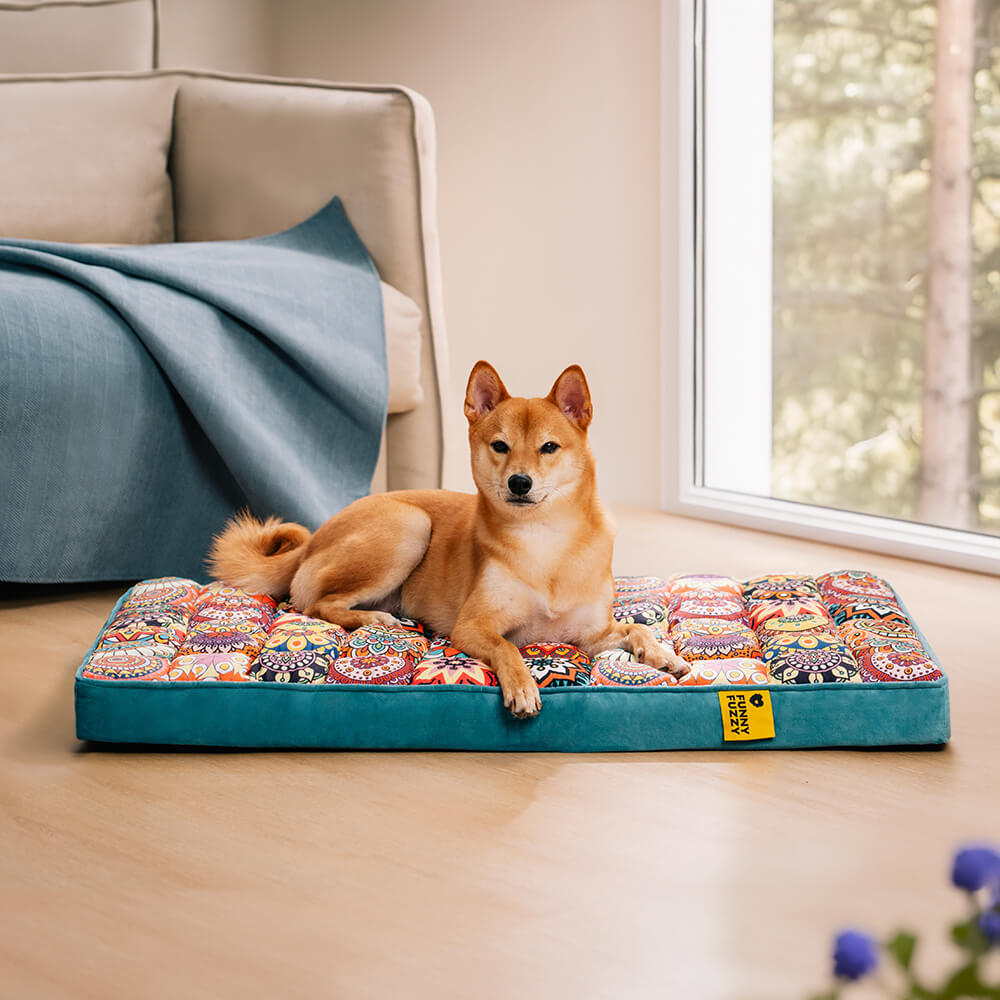 Overhead shot of Atlas Luxe orthopedic dog bed showcasing Moroccan patterns