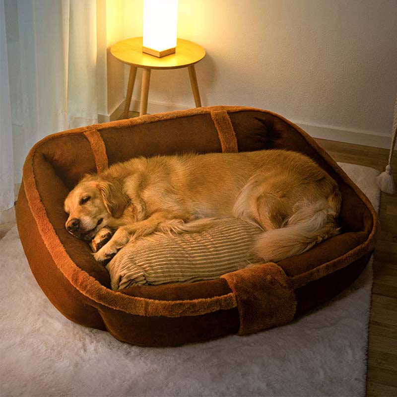 Vintage sofa dog bed with a thick backrest and soft suede fabric for large dogs.