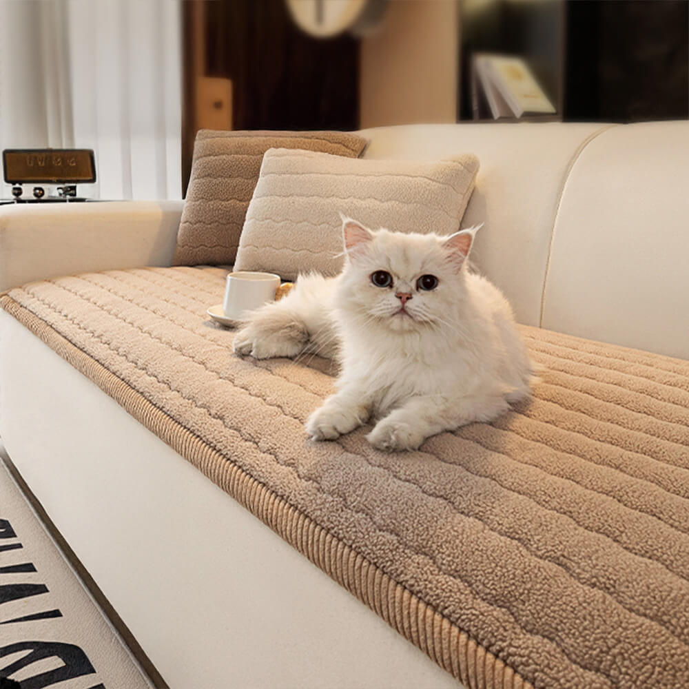 Cream-tone VelvAir lambskin couch cover draped neatly on a two-seater sofa, showcasing the soft couch cover texture.