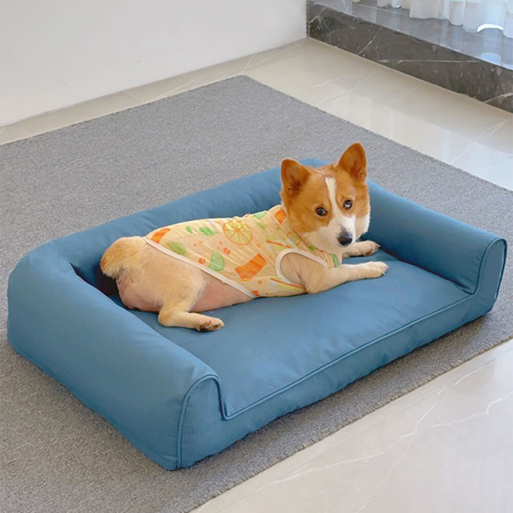 Waterproof dog sofa bed showing bolstered sides and removable cover