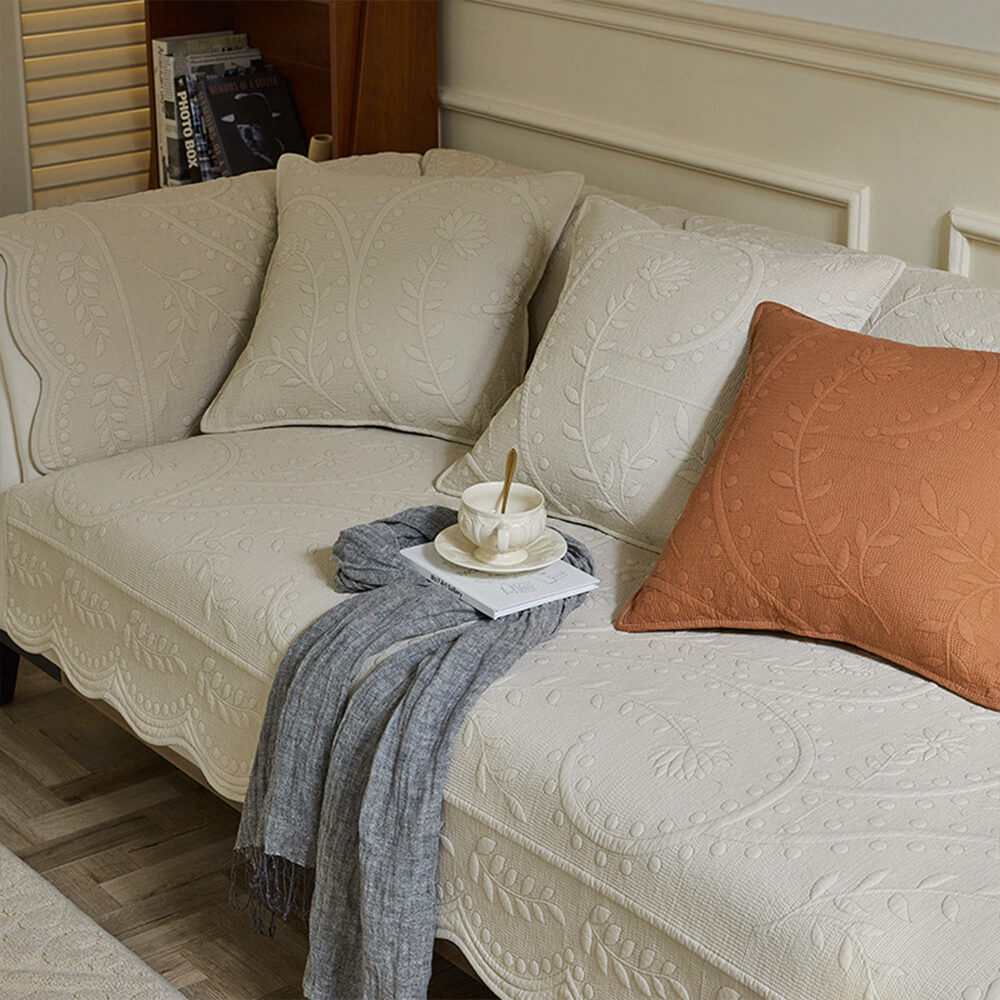 Boho cotton couch cover in a farmhouse setting, showcasing its textured weave and breathable fabric.