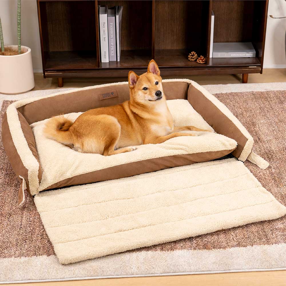 Tranquil Paws Expandable Ergonomic Calming Dog Bed showing soft plush material and spacious design.
