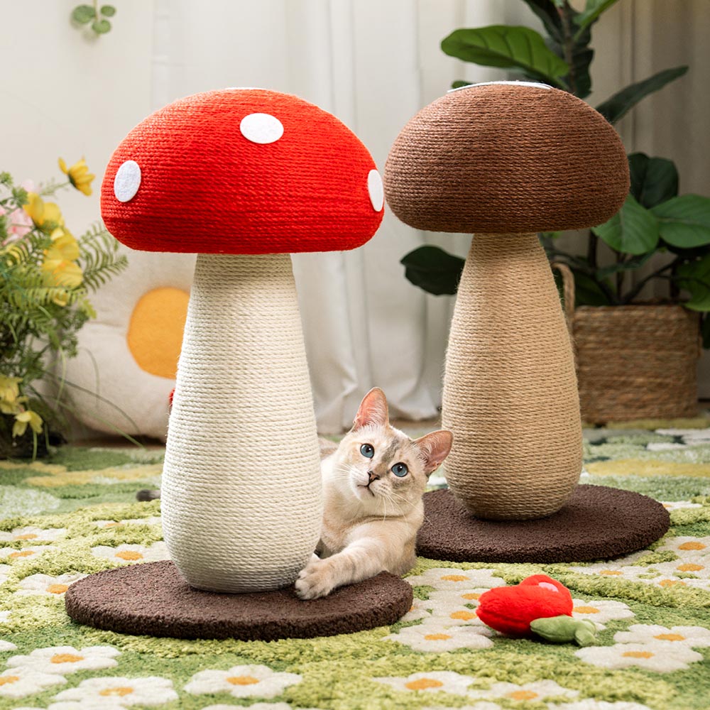 Close-up of the whimsical mushroom-shaped natural sisal scratching post for large cats, showcasing the textured sisal surface.
