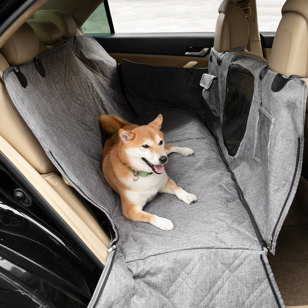 Premium waterproof dog car seat cover with mesh windows for ventilation.