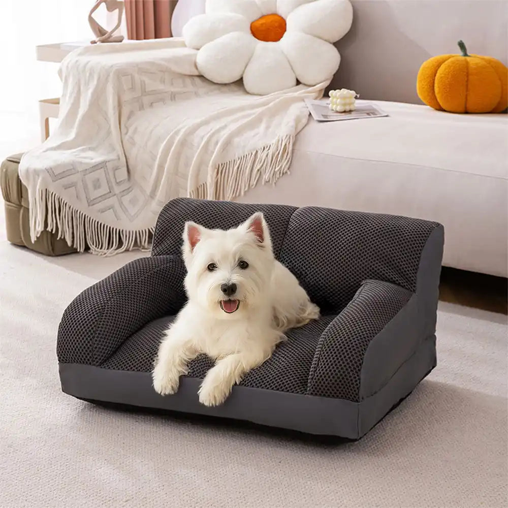 Front view of the large breathable pet sofa bed showcasing its stylish design and supportive armrests.