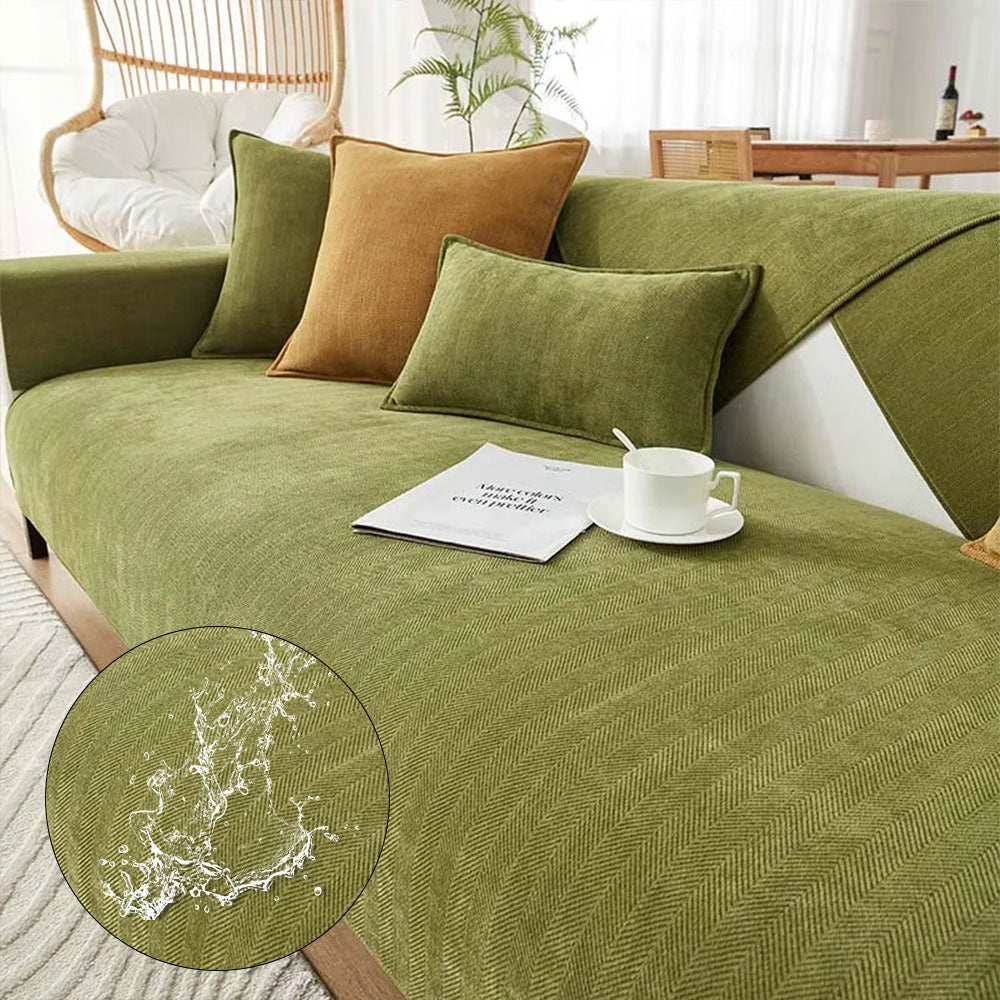Elegant chenille fabric waterproof sofa cover with non-slip herringbone pattern in a modern living room