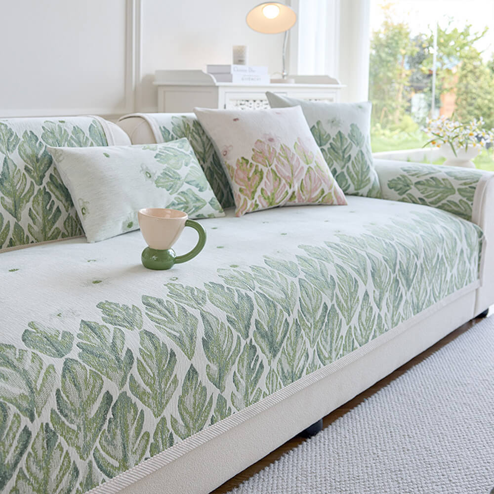 Chenille couch cover with romantic botanical design and soft chenille fabric
