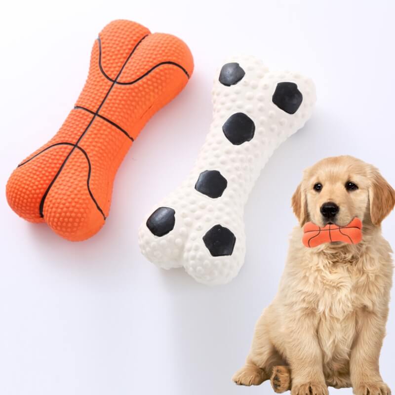 Tough bone shaped squeaky dog toy in vibrant color, perfect for interactive play.